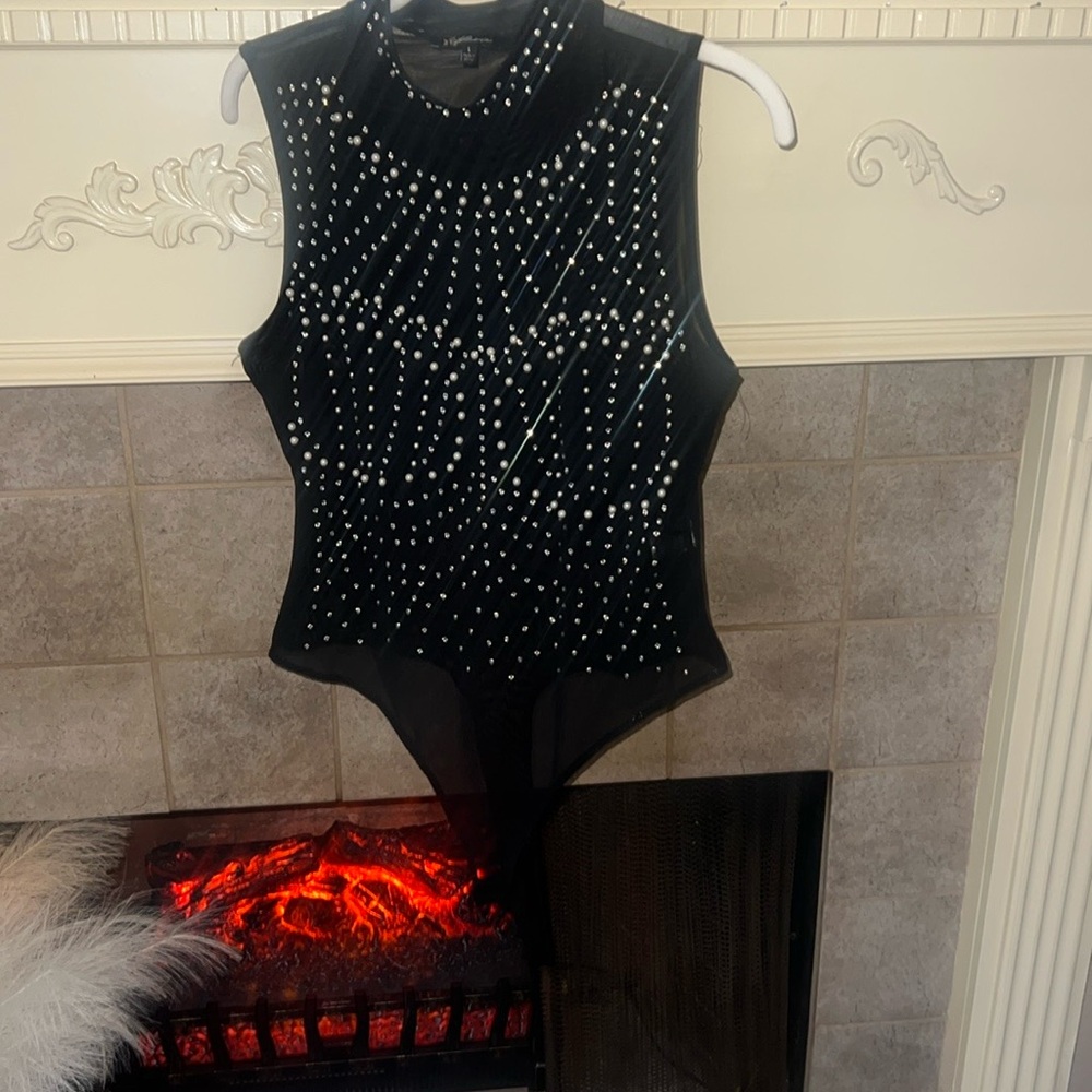 Black Sleeveless Bodysuit with Silver Studs